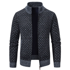 Thickened Plaid Print Jacket Cardigan Fashion Slim Fit Zipper Stand Collar Sweater Winter Men's Casual Long Sleeve Knitted Top Clothing