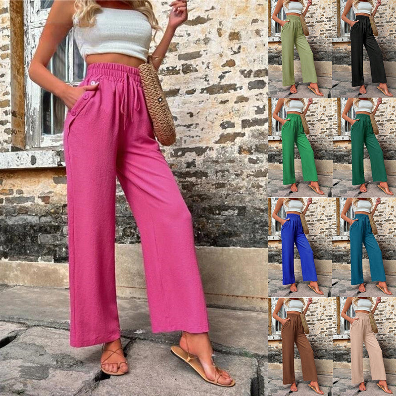 New Casual Pants With Pockets Elastic Drawstring High Waist Loose Trousers For Women - Fashionner