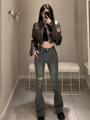 American Retro Sweet Cool Hot Girl Style Coffee Color Leather Coat Motorcycle Jacket Top - Fashionner