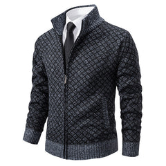 Thickened Plaid Print Jacket Cardigan Fashion Slim Fit Zipper Stand Collar Sweater Winter Men's Casual Long Sleeve Knitted Top Clothing