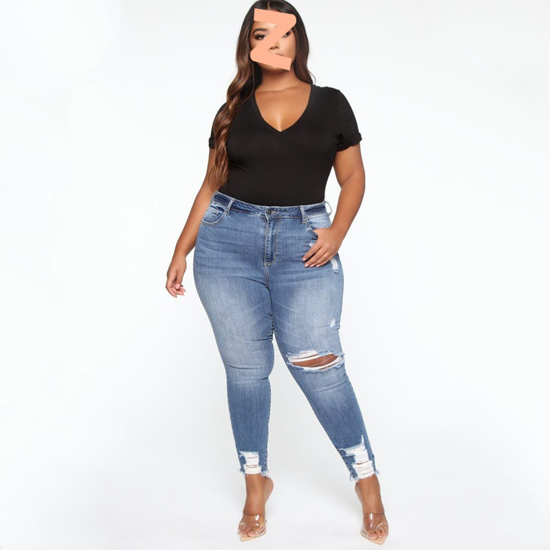 Women Clothes Ripped Plus Size Ladies Denim Pants Jeans - Fashionner