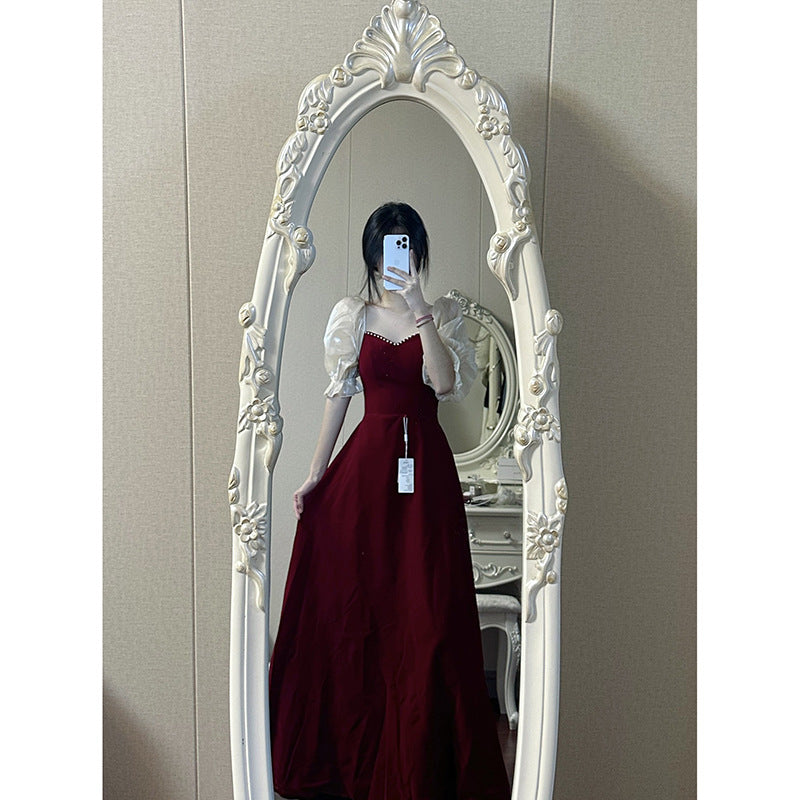 Small Plus Size Wine Red Puff Sleeve Princess High-grade Evening Dress - Fashionner