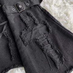 Star Embroidery Tie-neck Denim Retro Slightly Flared Women's Pile Tube Socks Leg Warmer - Fashionner