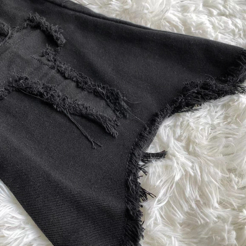 Star Embroidery Tie-neck Denim Retro Slightly Flared Women's Pile Tube Socks Leg Warmer - Fashionner