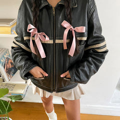 Women's Retro Contrast Color Split Leather Coat - Fashionner