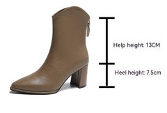 Genuine Leather Pointed Toe High Heel Boots Female White Chunky Heels - Fashionner