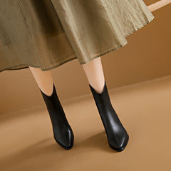 Genuine Leather Pointed Toe High Heel Boots Female White Chunky Heels - Fashionner