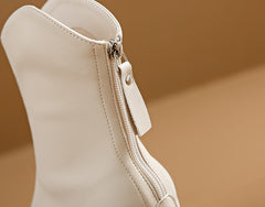 Genuine Leather Pointed Toe High Heel Boots Female White Chunky Heels - Fashionner