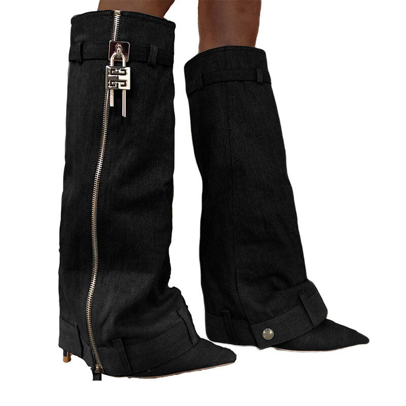 Pointed Female Fashion Metal Buckle Flanging Zipper Casual High Leg Boot - Fashionner
