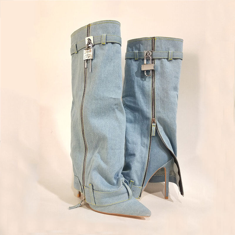 Pointed Female Fashion Metal Buckle Flanging Zipper Casual High Leg Boot - Fashionner