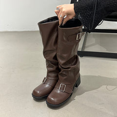 Below The Knee Long Boots Female Chunky Heel Round Head - Fashionner