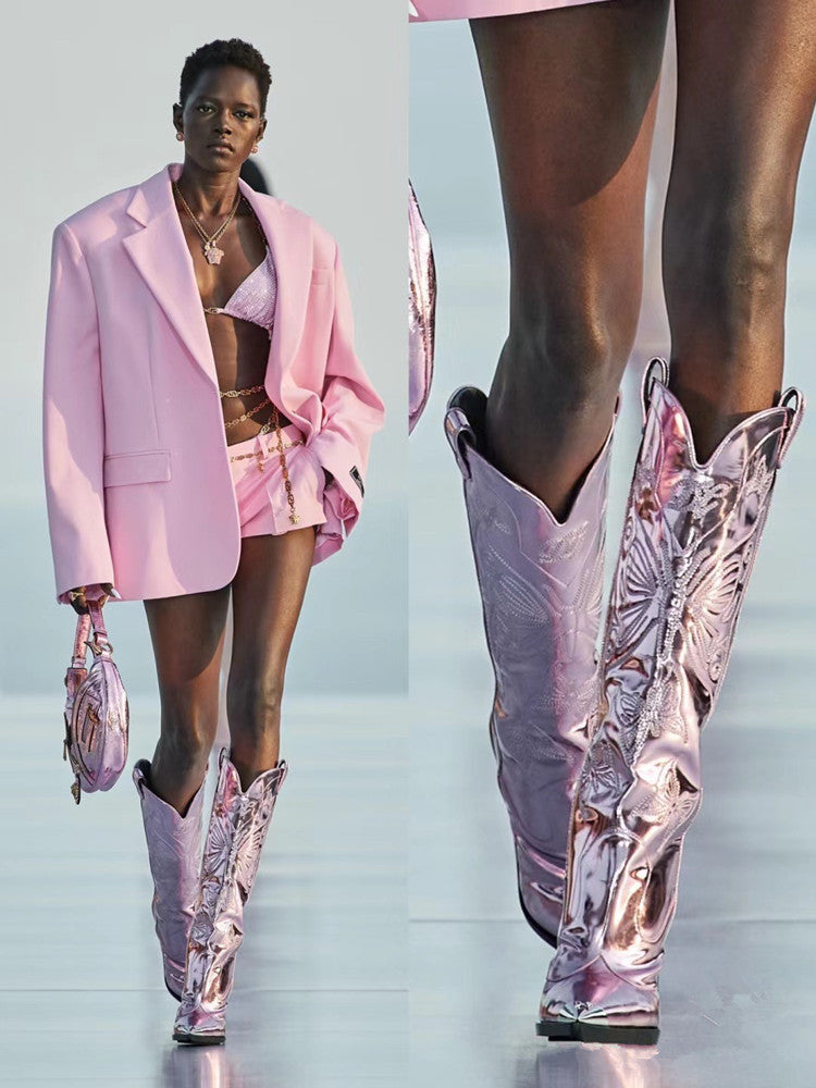 Women's High-heeled Metal Pointed-toe Bowknot Embroidered Boots - Fashionner