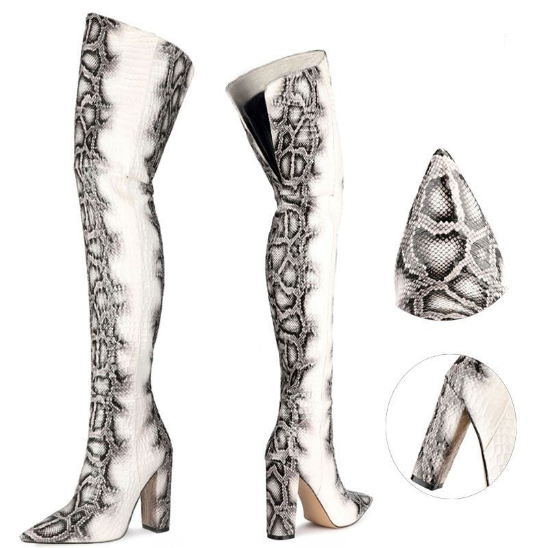Pointed Snakeskin High Over The Knee Boots Plus Size - Fashionner