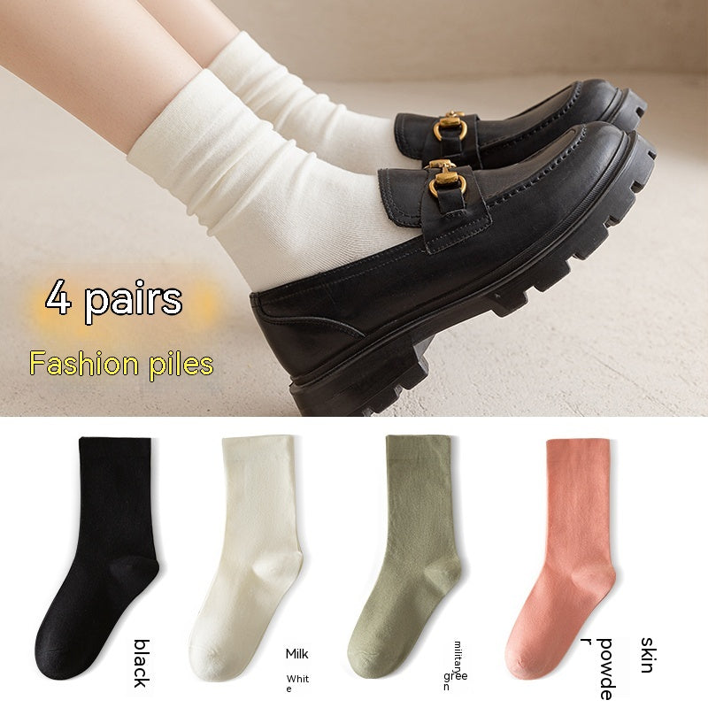 White Women's Mid-tube Socks Solid Color - Fashionner