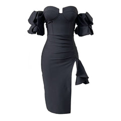 Women's Solid Color Lantern Sleeve Bandage Dress - Fashionner