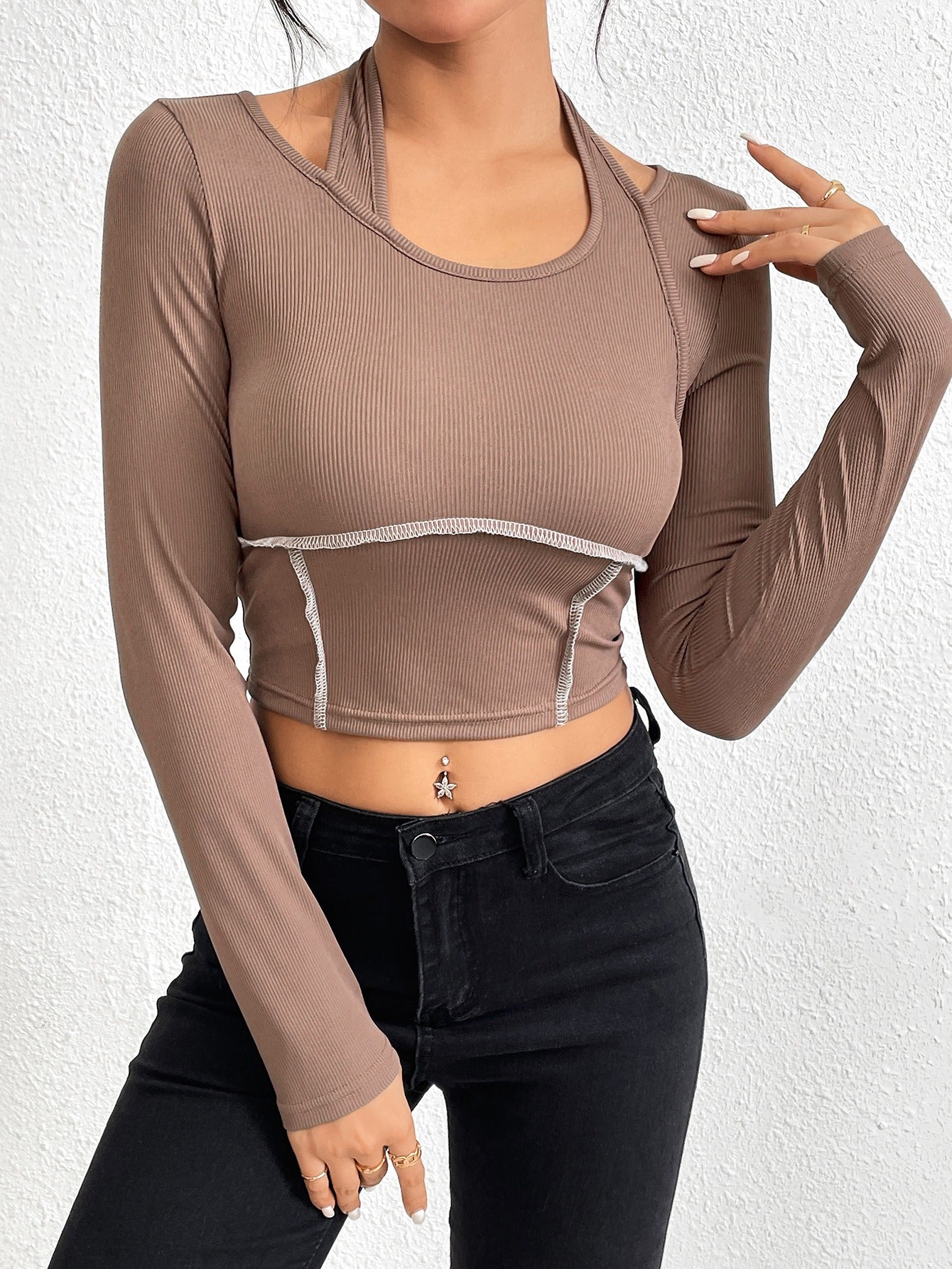Slim fit knitted long sleeved sewing thread exposed hanging neck T-shirt fashion top - Fashionner