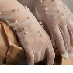Bridal Wedding Dress Pearl Mesh Gloves White Yarn