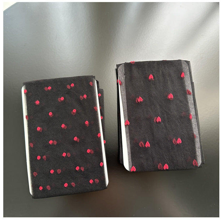 Red Small Love Stockings Ultra-thin Transparent Black Silk Polka Dot Pantyhose Anti-snagging - Fashionner