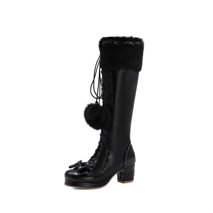 Lace-up Bow Women's Chunky Heel Boots - Fashionner