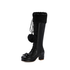 Lace-up Bow Women's Chunky Heel Boots - Fashionner