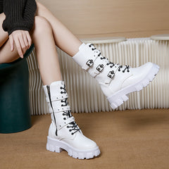 Buckle Lace-up Side Zip Punk Women's Mid Boots - Fashionner