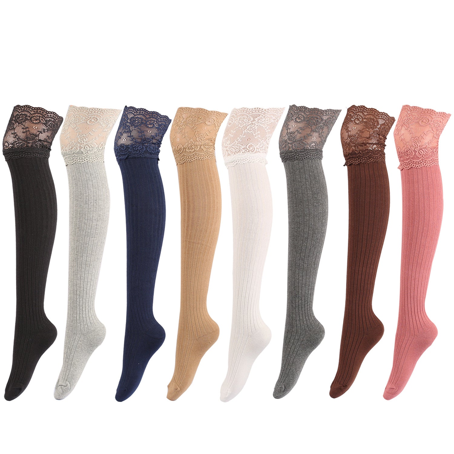 Japanese and Korean New Lace Knee Socks Spring and Autumn Cotton Vertical Stripe Stockings Non slip High thigh Stockings - Fashionner