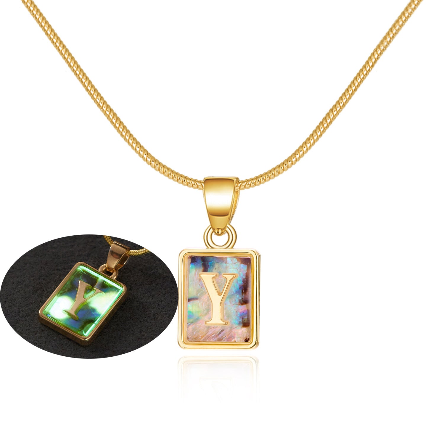26 Letter Square Necklace Colorful Shell Luminous Pendant Chain Necklace For Women Temperament Ladies Jewelry - Fashionner