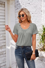Women's Short-sleeved T-shirt Summer Button Square Collar Pleated Design Solid Color Loose T-shirt Womens Clothing - Fashionner