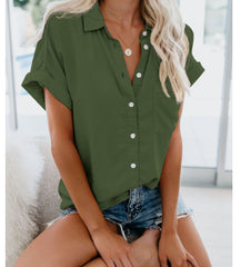 Short Sleeve Ladies Lapel Button Button Shirt Top