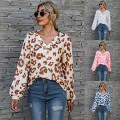 Leopard Print Printed V-neck Off-the-shoulder Long Sleeve T-shirt - Fashionner