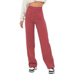 Women's Clothing High Waist Pocket Wide Leg Button Casual Loose Straight Trousers - Fashionner