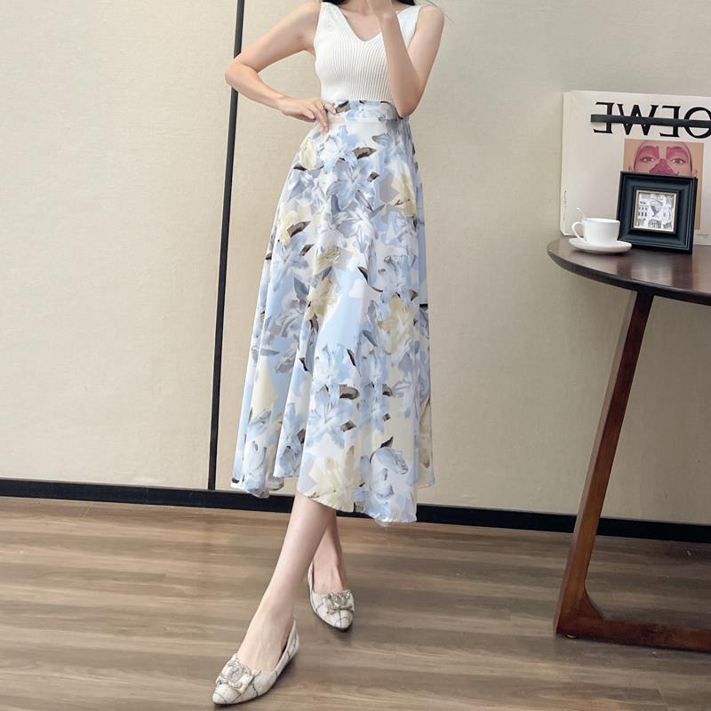 Women's Fashion High Waist Slimming Wide Hem Printed Dress - Fashionner