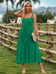 Solid Color Suspender Long Dress Spring And Summer Bow Waist Tie Design Dress Womens Clothing - Fashionner