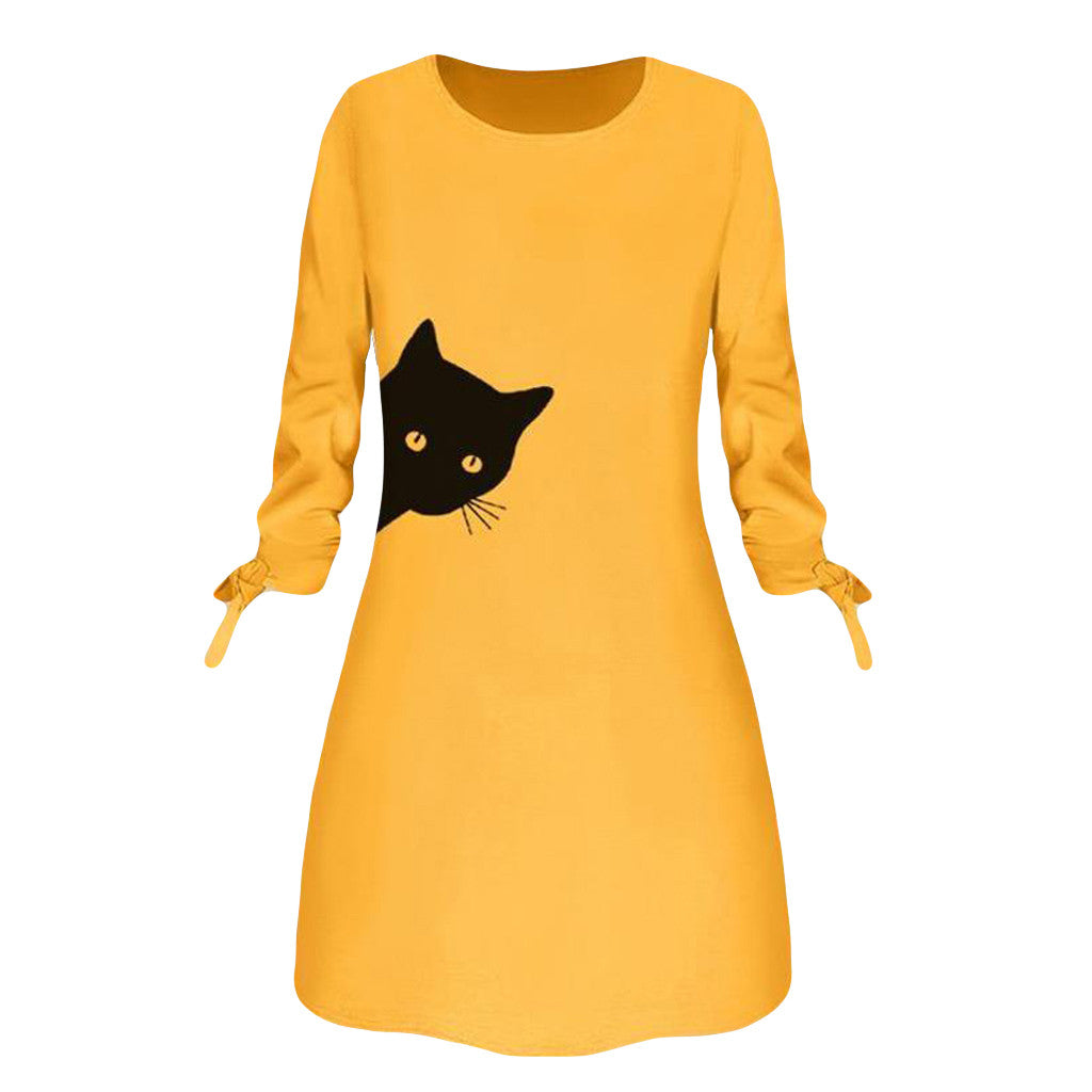 Women Elegant Dress Cat Print Bow O Neck Long Sleeve Party Mini Dresses Casual Ladies Elegant Dress Autumn Spring Dresses - Fashionner