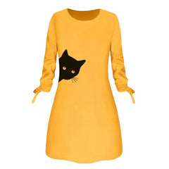 Women Elegant Dress Cat Print Bow O Neck Long Sleeve Party Mini Dresses Casual Ladies Elegant Dress Autumn Spring Dresses - Fashionner