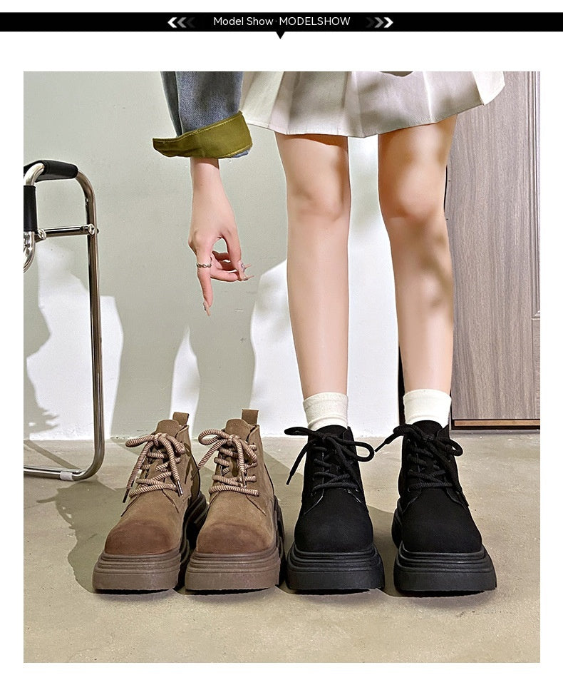 Women's Thick-soled Lace-up Retro Matte Ankle Trendy Cool British Fan Boots - Fashionner