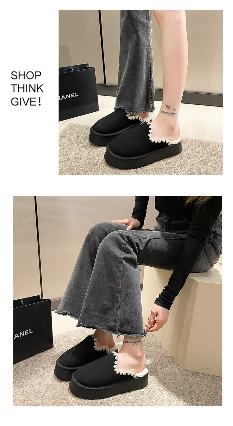 Thick-soled Snow Boots Ethnic Style Lace Short Warm Cotton-padded Shoes Slippers - Fashionner