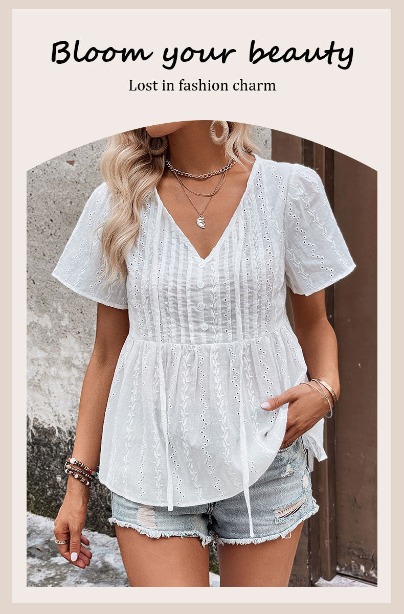 Summer New Women's V-neck Stitching Shirt - Fashionner
