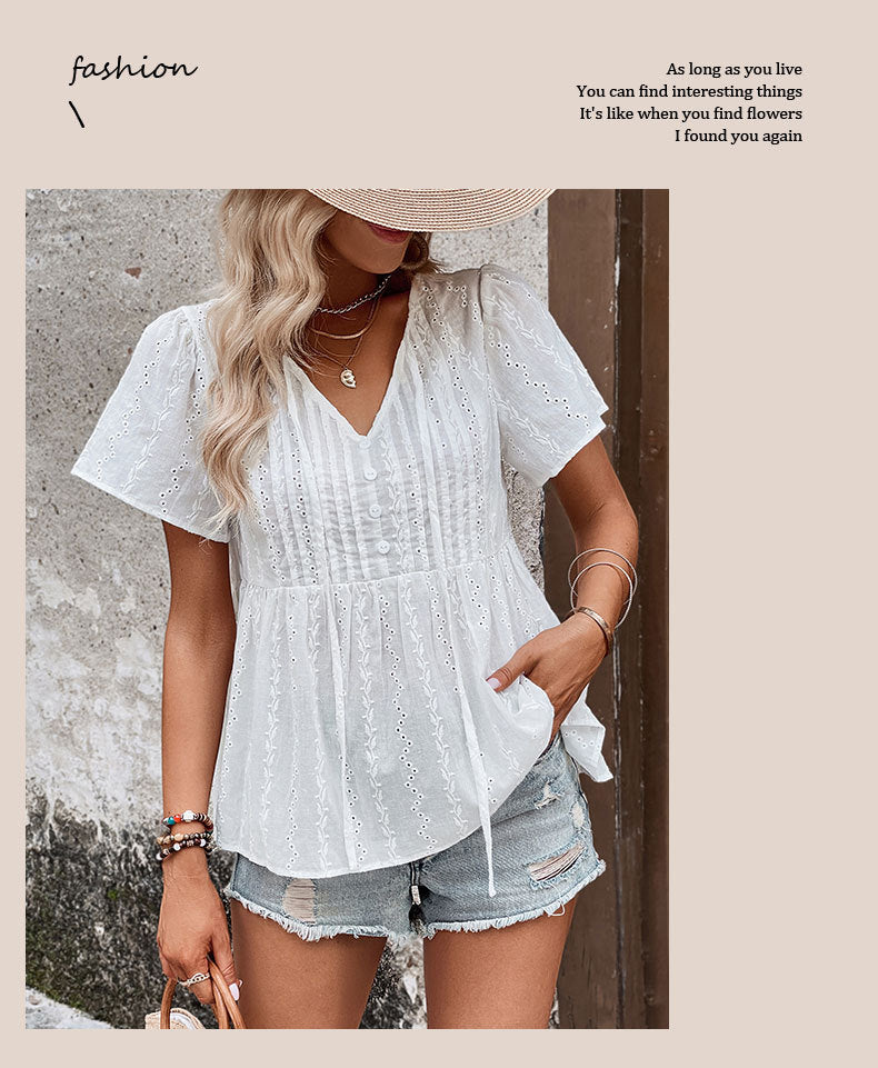 Summer New Women's V-neck Stitching Shirt - Fashionner