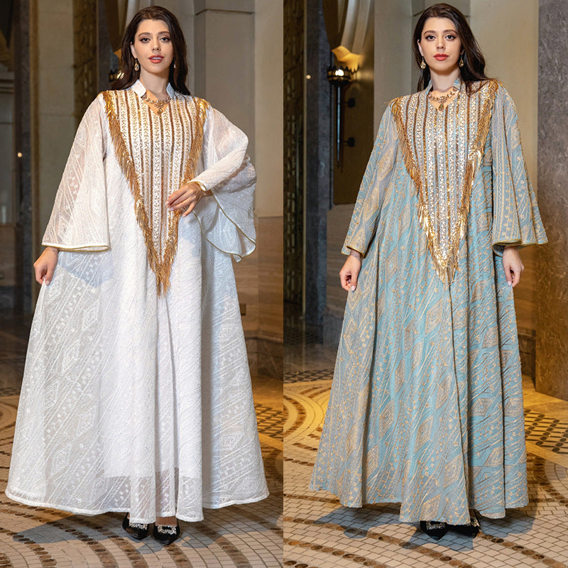 Festival Evening Dress Arabic Dubai Mesh Embroidered Sequins Robe Middle East - Fashionner