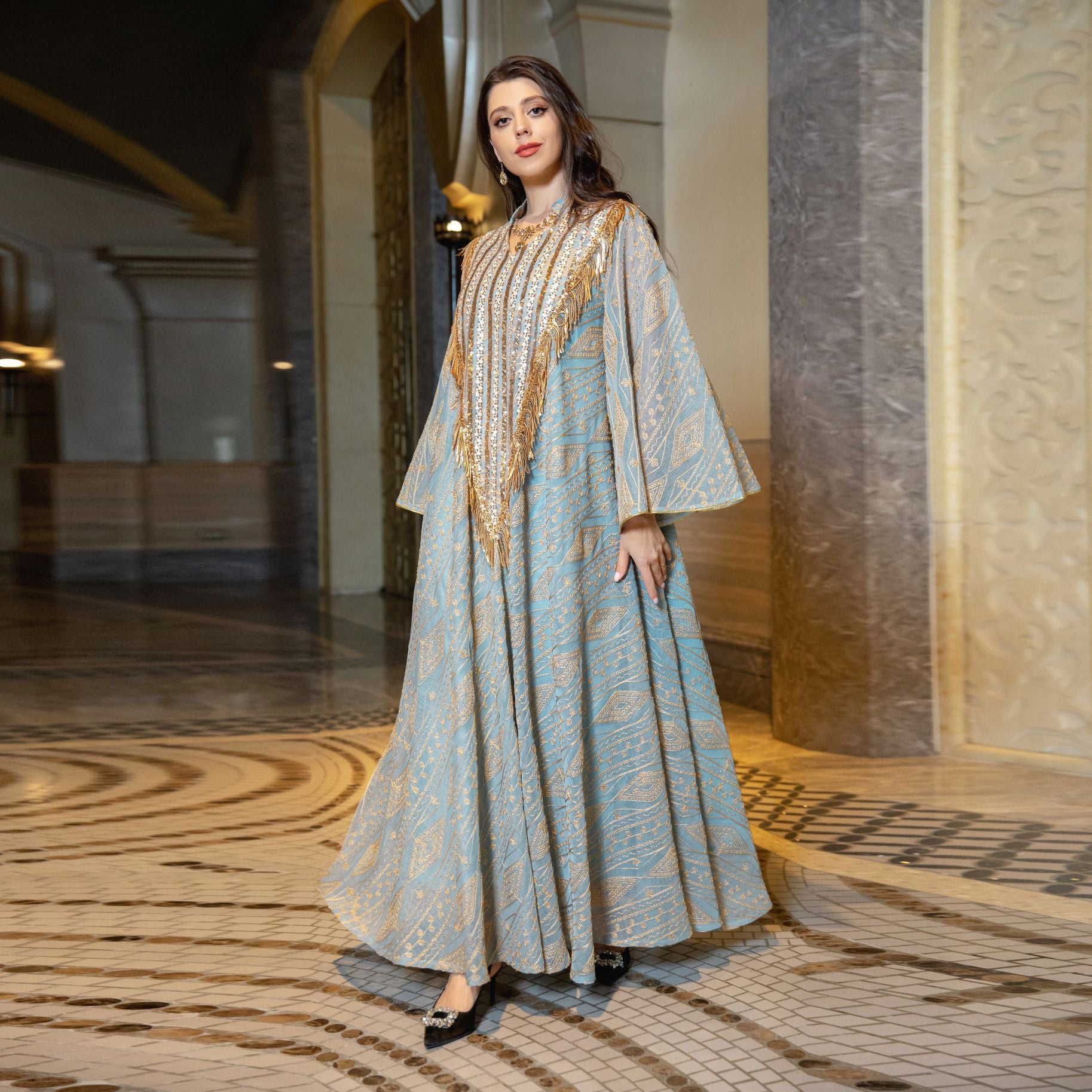 Festival Evening Dress Arabic Dubai Mesh Embroidered Sequins Robe Middle East - Fashionner