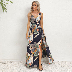V-neck Floral Print Long Dress Summer Fashion Waist Tie Slit Design Sleeveless Dress For Womens Clothing - Fashionner