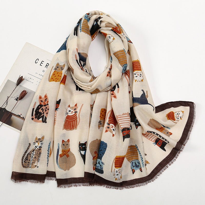Autumn And Winter Polyester Long Scarf Female Cartoon Cat - Fashionner