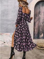 Flowers Printing Long Sleeve Dress Fashion Square-neck Bottom Slit Dresses Womens Clothing