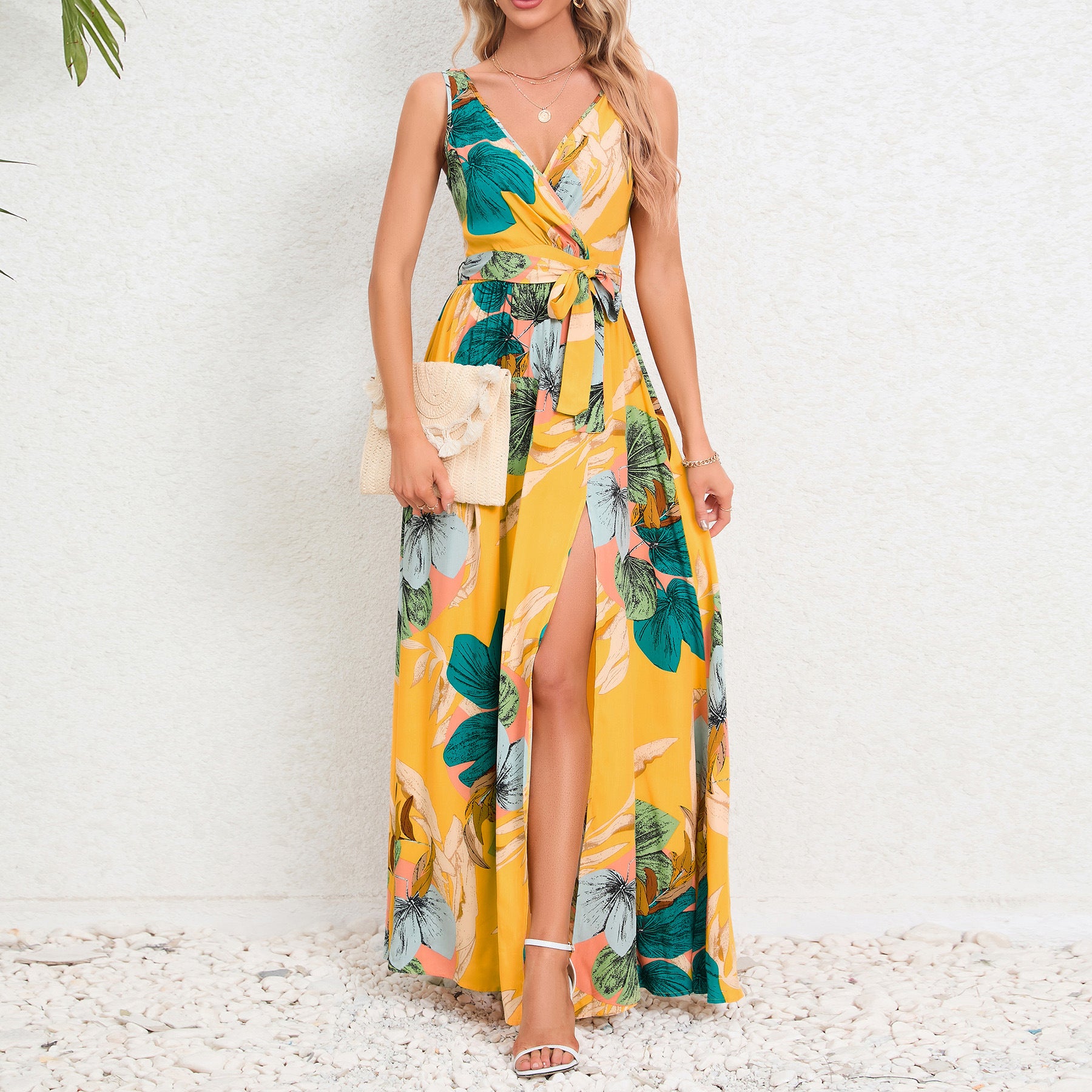 V-neck Floral Print Long Dress Summer Fashion Waist Tie Slit Design Sleeveless Dress For Womens Clothing - Fashionner