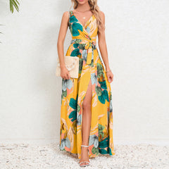 V-neck Floral Print Long Dress Summer Fashion Waist Tie Slit Design Sleeveless Dress For Womens Clothing - Fashionner