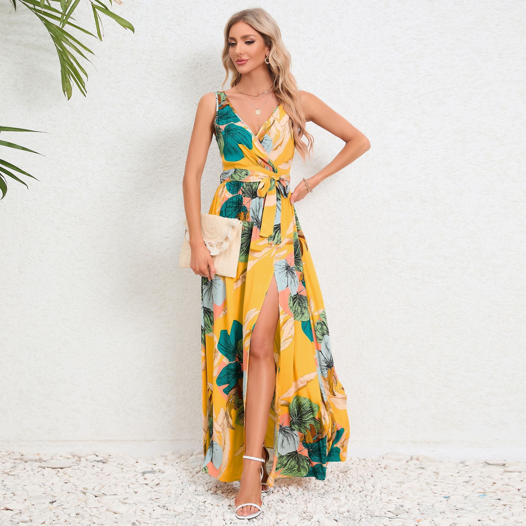 V-neck Floral Print Long Dress Summer Fashion Waist Tie Slit Design Sleeveless Dress For Womens Clothing - Fashionner