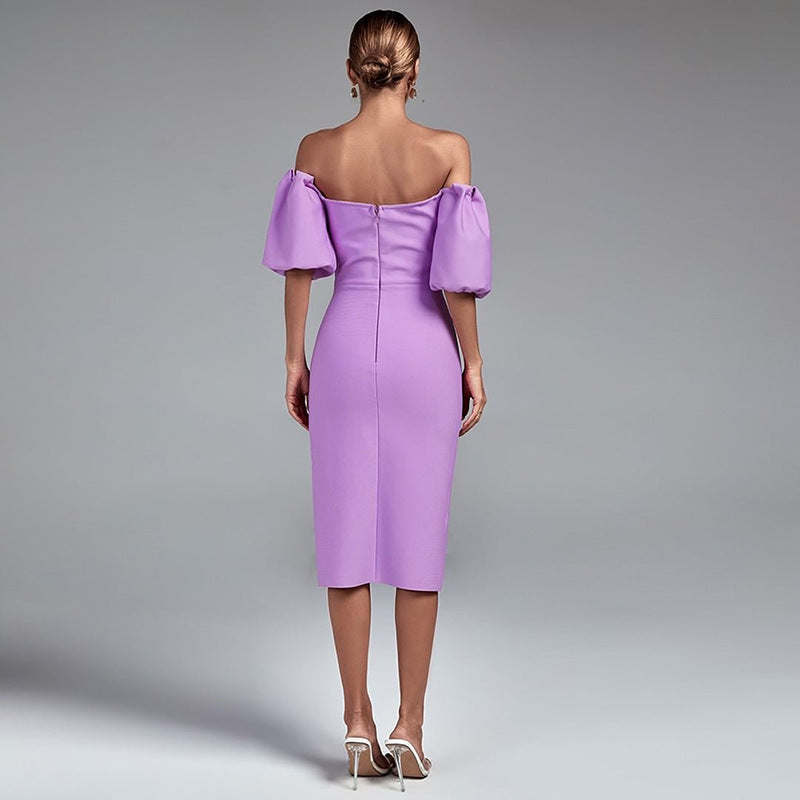 Women's Solid Color Lantern Sleeve Bandage Dress - Fashionner