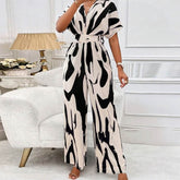 V-neck Loose Printed Long Jumpsuit - Fashionner