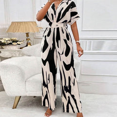 V-neck Loose Printed Long Jumpsuit - Fashionner